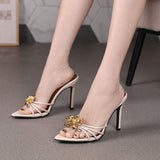 Shiny Gold Flowers Stiletto Thin Heeled Sandals Women Slip on Mules Summer Fashion Party Shoes High Heels