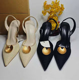 French-Style Hollow-Out Female Heeled Sandals Sexy Classic Ladies Mules with Metal Petal Ornament