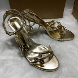 Women Gold Leaf Decor High Heel Sandals Elegant Metallic Stiletto Strappy Party Shoes Luxurious Evening Dress Sandals