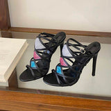 Sexy Black Strappy High Heels with Colorful Rhinestones Open Toe Stiletto Sandals for Women Sparkly Evening Party Dress Shoes