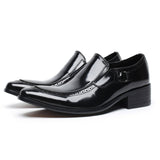 Men's Glossy Cowhide Leather Slip On Dress Shoes With Brogue Detailing And Side Buckle Accent Formal Business Wedding Shoes