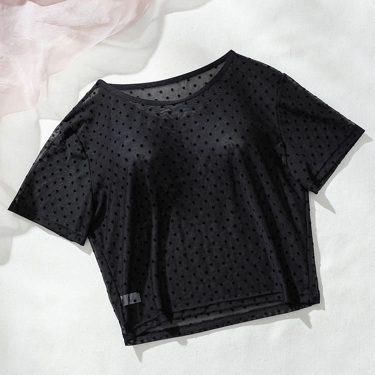 Womens Crop Top Short Sleeve See-Through Mesh T-Shirt Ladies Party Tops Women's Mesh Tops with Black Dot