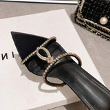 Latest Fashion Estilo De Tacones Women Black Satin Pointed Toe Mules Rhinestone Crystal Slide Sandals Stiletto Heel