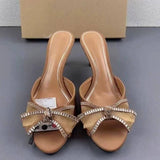 Ladies Sexy Sandals New-style Satin Feel Rhinestone Bow Peep-toe Mules Women Stiletto Heeled Slide Sandals