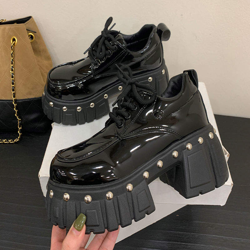 8CM Shiny Patent Leather Round Toe Wedge Heel Thick Soled 5-43 Rivet Punk Style Women's Shoes