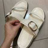 Quality Buckle Square Toe Women's Leather Flat Sandals for Ladies