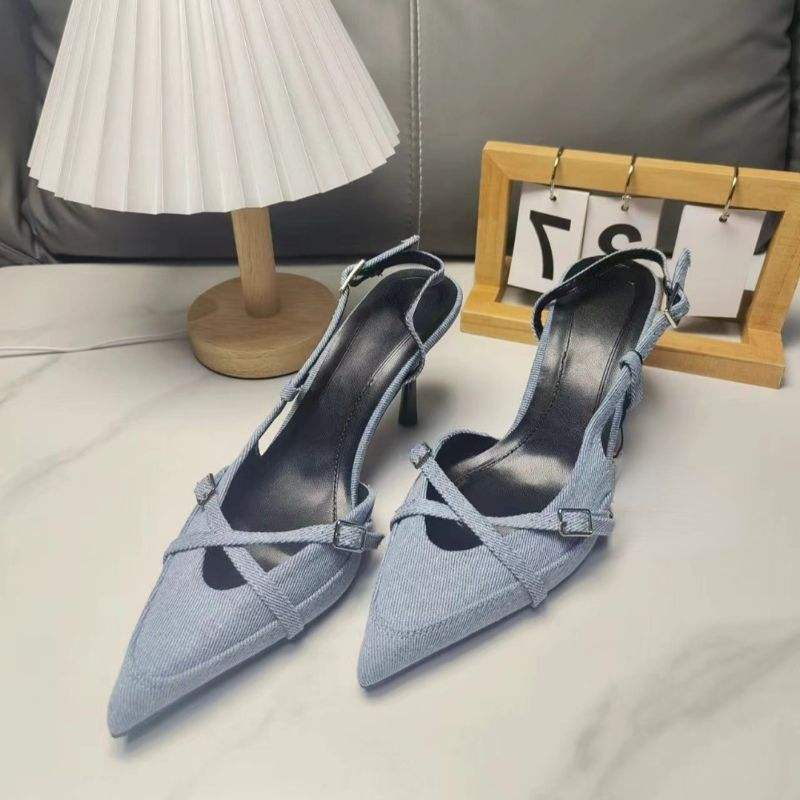 Es Chaussures Talon Femmes Escarpins Slingback Style Pointed Toe Denim High Heel for Women