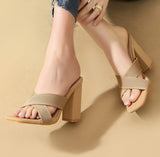 Beige Elastic Knit Criss Cross Mule Square Toe Block Heel Comfort Slip on Designer Office Wear Women Slippers