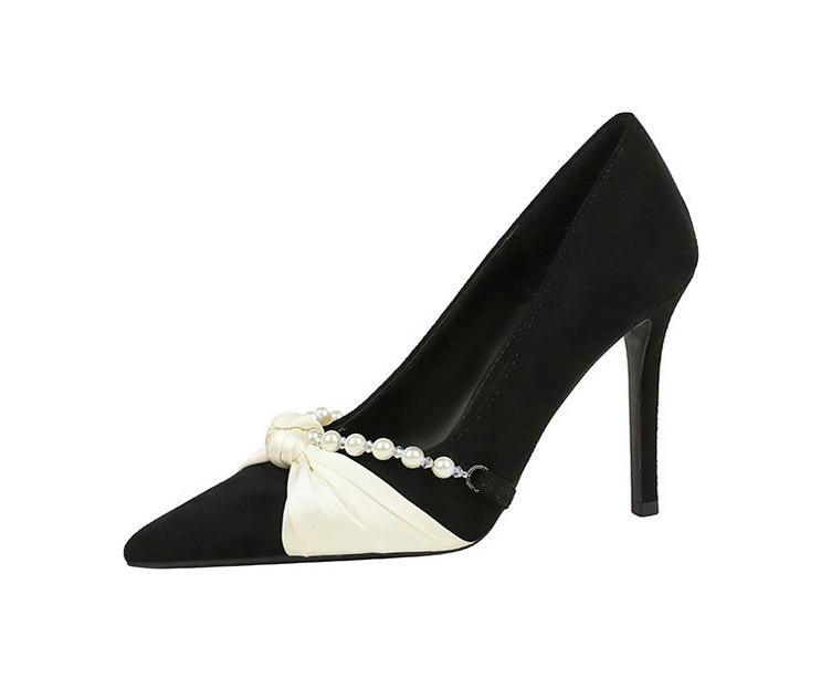 New Elegant Pink Faux Suede High Heels Pearl Strap Silk Bow Accent Pointed Toe Stiletto Pumps Wedding Bridal Party Shoes