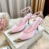 Elegant Women Lace Floral Pumps Metal Pointed Toe Stiletto Heels With Ankle Strap Sexy Wedding Guest Dress Shoes Gold