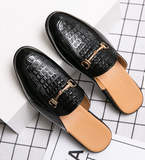 Elegant Men Slip on Flat Mules PU Leather White Embossed Vamp Metal Buckle Decor Closed Toe Slippers for Party Date Daily Use