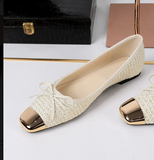 Black White Tweed Bow Ballet Flats Pumps Metallic Gold Square Toe for Women