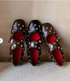 Genuine Sheepskin Leather Mary Jane Flats for Women Studded Round Toe Cross Strap Walking Shoes Punk Style Lady Flat
