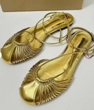 Elegant Metallic Gold Strappy Flat Sandals Round Toe Ankle Wrap Casual Summer Flat Shoes for Women