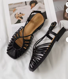Gold Metallic Caged Flat Sandals for Women Closed Toe Strappy Slingback Summer Shoes with Buckle Ankle Strap