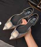 Women's Navy Blue Satin Flats with Crystal Rhinestone Square Buckle Pointed Toe Dress Shoes for Wedding Party
