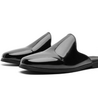 Trendy Minimalist Men Black Patent Leather Mules High Shine Slip on Backless Loafers Formal Casual Dress Shoes Elegant Flats