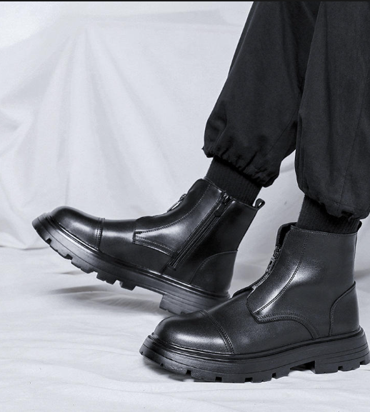 Urban Style Chunky Sole Heavy-Duty Men's Black Zip-Up Ankle Boots with Rugged Outsole