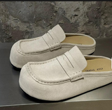 Minimalist Men Suede Leather Platform Mules Penny Loafer Round Toe Chunky Sole Slip on Casual Elegant Backless Loafers Cream