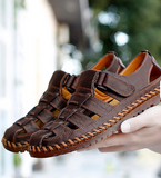 Premium Handcrafted Men's Roman Style Leather Sandals Adjustable Hook & Loop Flat Leather Sandals