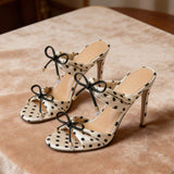 Women's Polka Dot Satin Silk Stiletto Mules Bow Decor Open Toe High Heel Sandals for Party