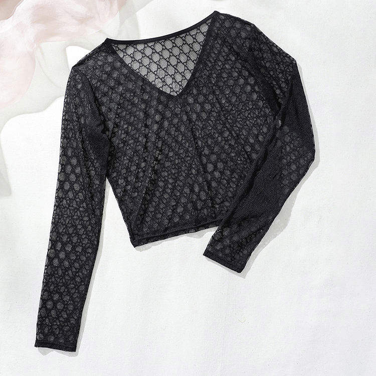 Women's Summer Clothing Ladies Tops Mesh See-Through T Shirts V Neck Skinny Long Sleeve Women's Clothing Crop Jersey Tops tank