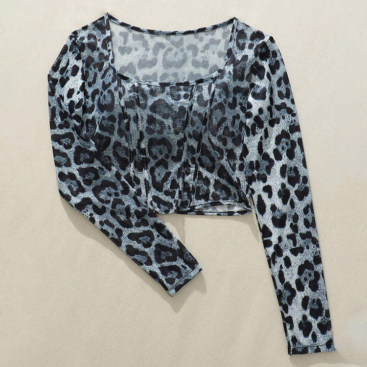 Wholesale Long Sleeve Top See Through Womens Short Top Gray Leopard Printing Womens Slim Fit T-shirt