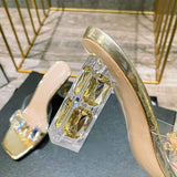 Unique Sandales Femmes Comfortable PVC Sexy Rhinestone Transparent Clear Block Women Heels