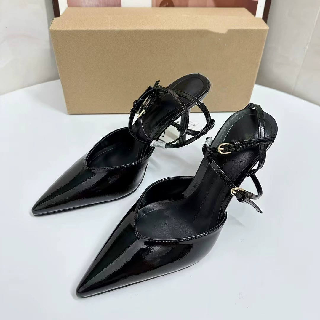 Patent Leather Embellished Pointed-Toe Women Sexy Stiletto Heel Mules - Closed-Toe Backless Heeled Sandals