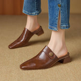 Women Genuine Leather Mules Square Toe Block Heel Slides Sheepskin Insole Breathable Comfort Professional Work Shoes Brown