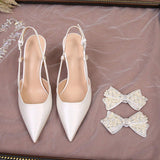 Detachable Wedding Shoes Zapatos Mujer Saltos Bow Lace up Strappy Ankle Pearl Strap White Wedding Heels for Bride