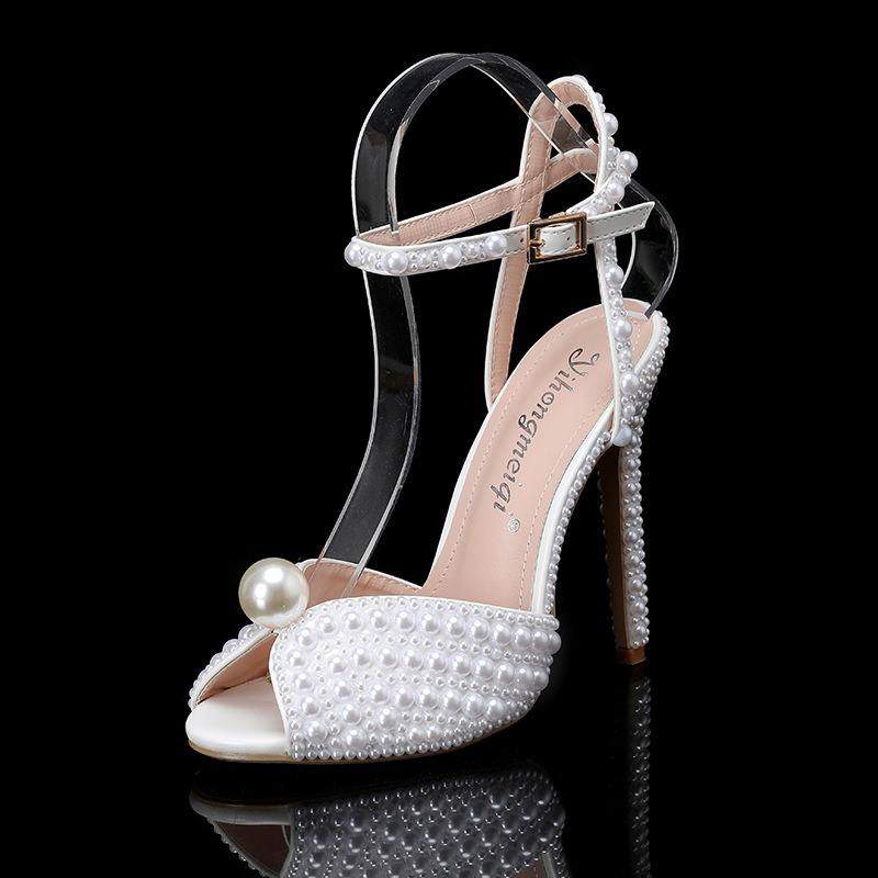 Women Glitter Beaded Stiletto High Heeled Sandals Ankle Strap Peep Toe Party Wedding Evening High Heeled Ladies Footwear