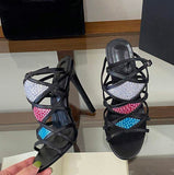 Sexy Black Strappy High Heels with Colorful Rhinestones Open Toe Stiletto Sandals for Women Sparkly Evening Party Dress Shoes