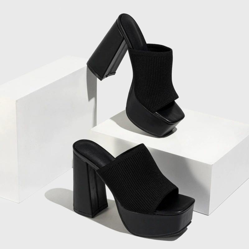Women's Stretchy Knitted Fabric Chunky Block Heel Platform Mules Square Toe Slip on Sandals for Party Club Casual Wear