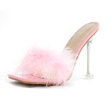Sandalias De Peluche Pink Feather High Heel Mule Slip on Clear Stiletto Sandales Femme Slippers