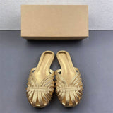 Metallic Gold Woven Flat Sandals Women Pointed Closed Toe Strappy Slides Elegant Summer Beach Outdoor Walking Shoes
