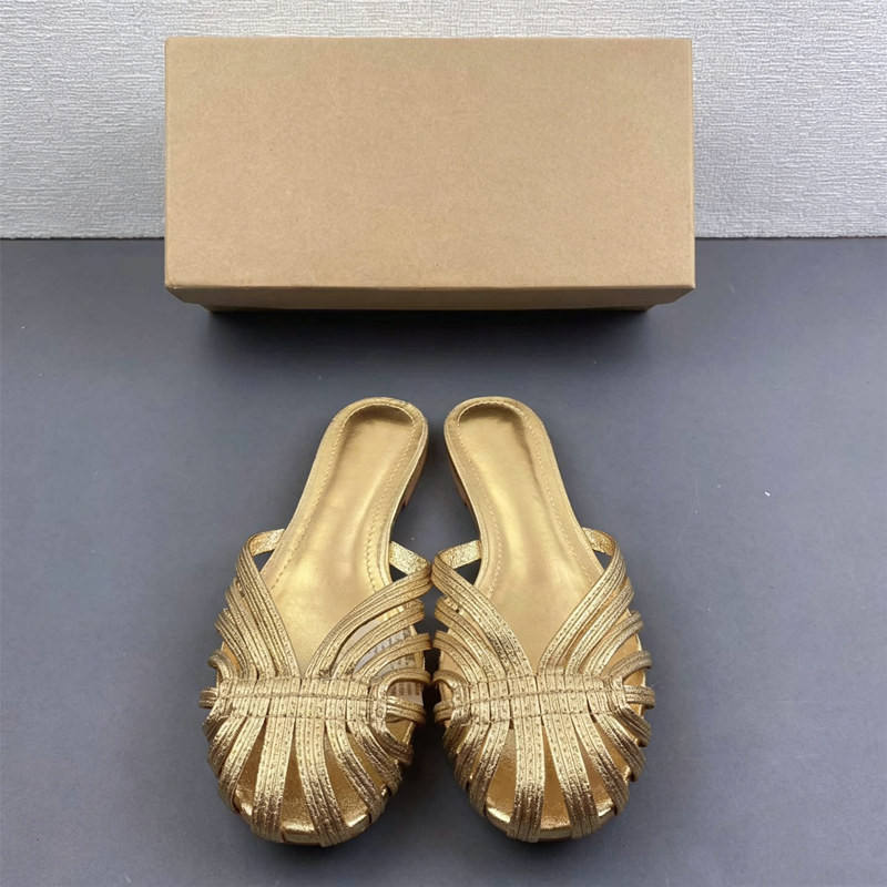 Metallic Gold Woven Flat Sandals Women Pointed Closed Toe Strappy Slides Elegant Summer Beach Outdoor Walking Shoes