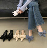 Pointy Toe Bow Knot Flat Slides Elegant Backless Dress Shoes Women Wedding Party Casual Daily Wear Mule Slippers