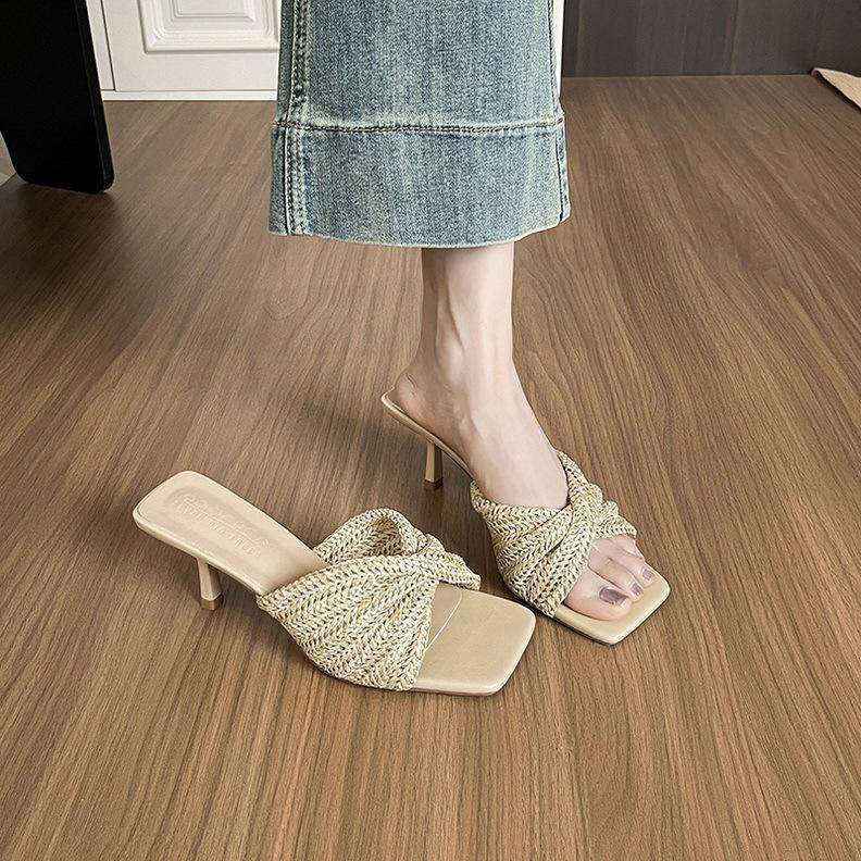 Women 2025 New Slide Sandals Cross Strap Heels Open Toe Slip on Summer Woven Slippers
