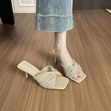 Women 2025 New Slide Sandals Cross Strap Heels Open Toe Slip on Summer Woven Slippers