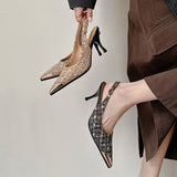 Elegant Women Tweed Slingback Pumps Pointed Toe with Metal Cap 7.5CM High Heels Professional Office Dress Shoes for Work