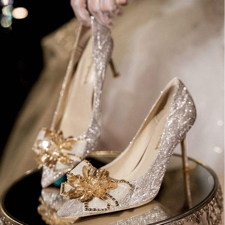 6CM/8CM/10CM Wedding Chaussure Fashion Crystal Rhinestone Luxury High Covering Stiletto Gold Heels for Women