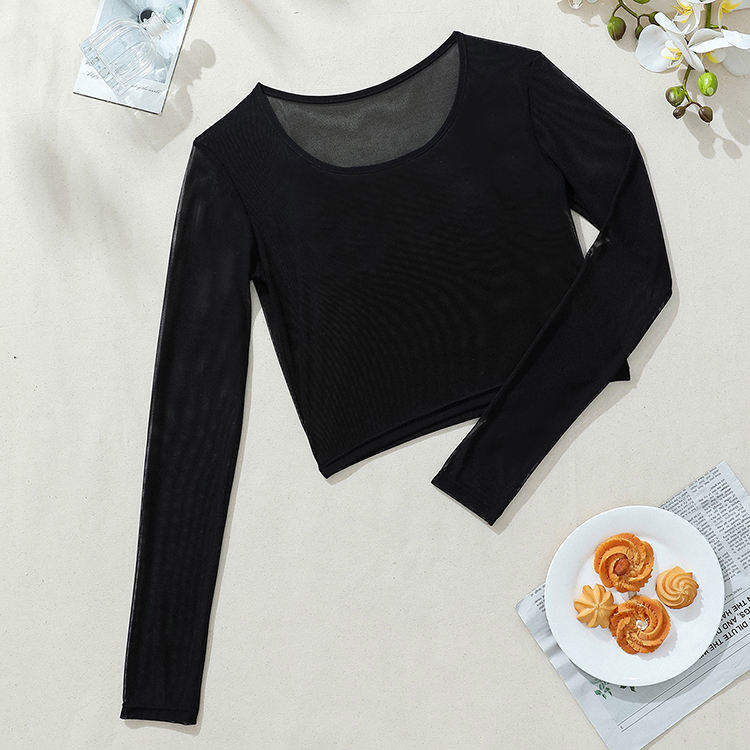Wholesale Women Slim Fit Sheer Mesh Long Sleeve Cropped Top Sheer Mesh T-shirt