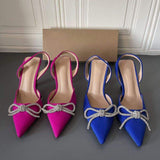 Rosy Red/Blue Sandalias De Verano Bow Rhinestone Slingback Strap Pumps New Ladies Heels 2025