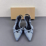 Es Chaussures Talon Femmes Escarpins Slingback Style Pointed Toe Denim High Heel for Women
