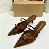 Chic Pointed Toe PU Leather Heeled Mules for Women Stylish Buckle Decor Low Heel Slingback Sandals Formal Work Shoes Black