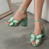 Cross-Strap Pointed-Toe Peep-Toe Ladies Block Heel Sandals with Butterfly Embellishments for Women