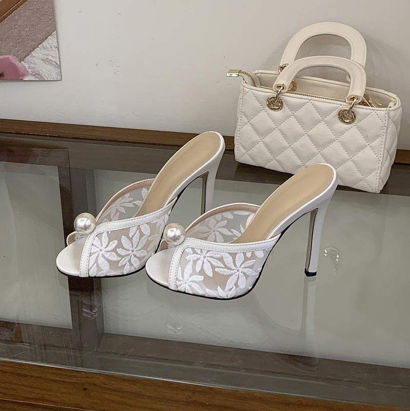 Luxury Mesh 2026 High Heel Mules Slip on Designer Easy Wear Stylish Sophisticated Pearl Wedding Heels