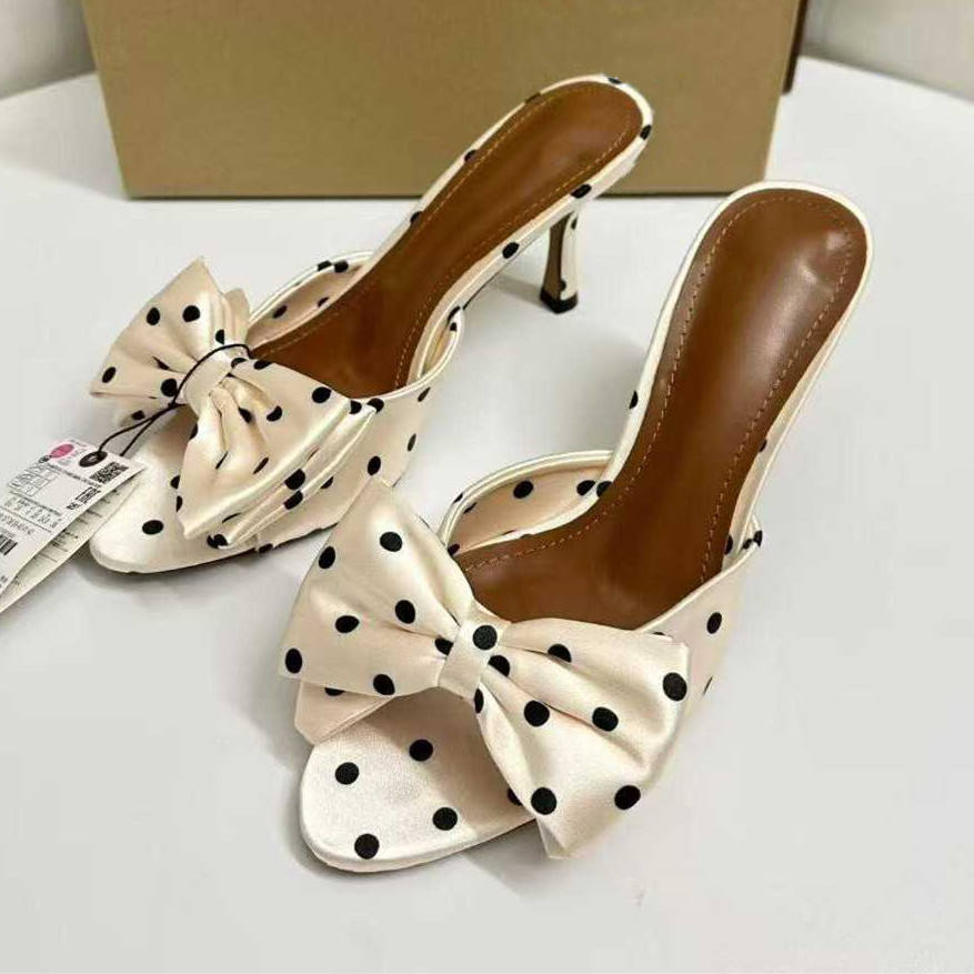 Women's Satin Bowknot Polka Dot Elegant Fashion Women Stiletto Heel Slide Sandals Beautiful Ladies High Heel Mules