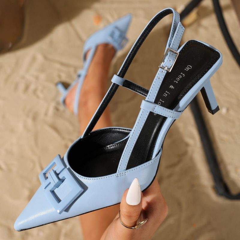 Talon Elegant Light Blue Buckle Slingback Stiletto Heels Pointed Toe Dress Pumps for Wedding & Evening Party